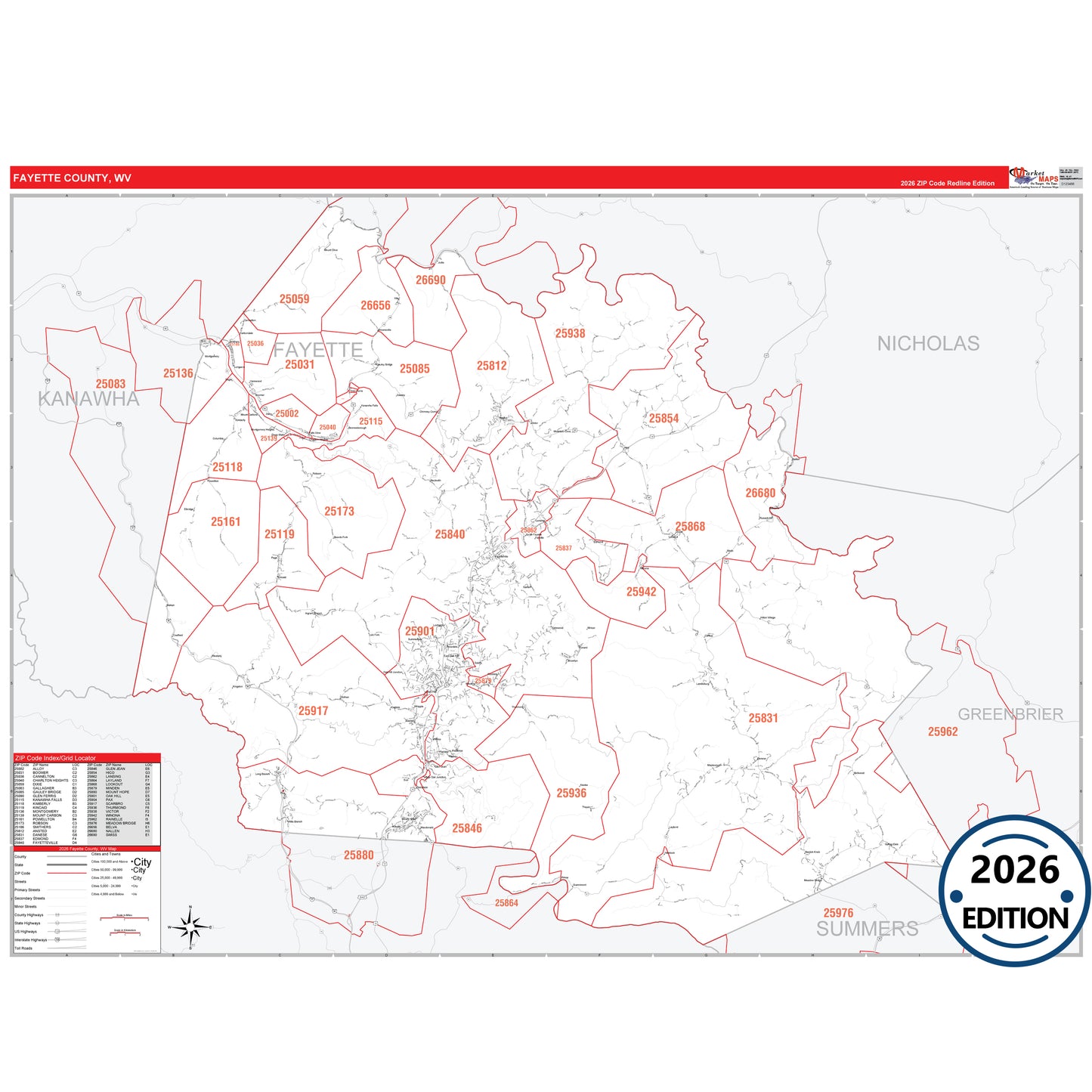 Fayette County, WV Red Line 5 Digit ZIP Code Wall Map