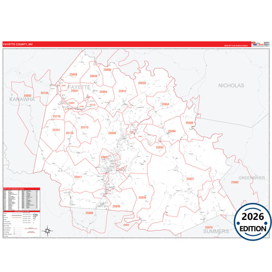 Fayette County, WV Red Line 5 Digit ZIP Code Wall Map