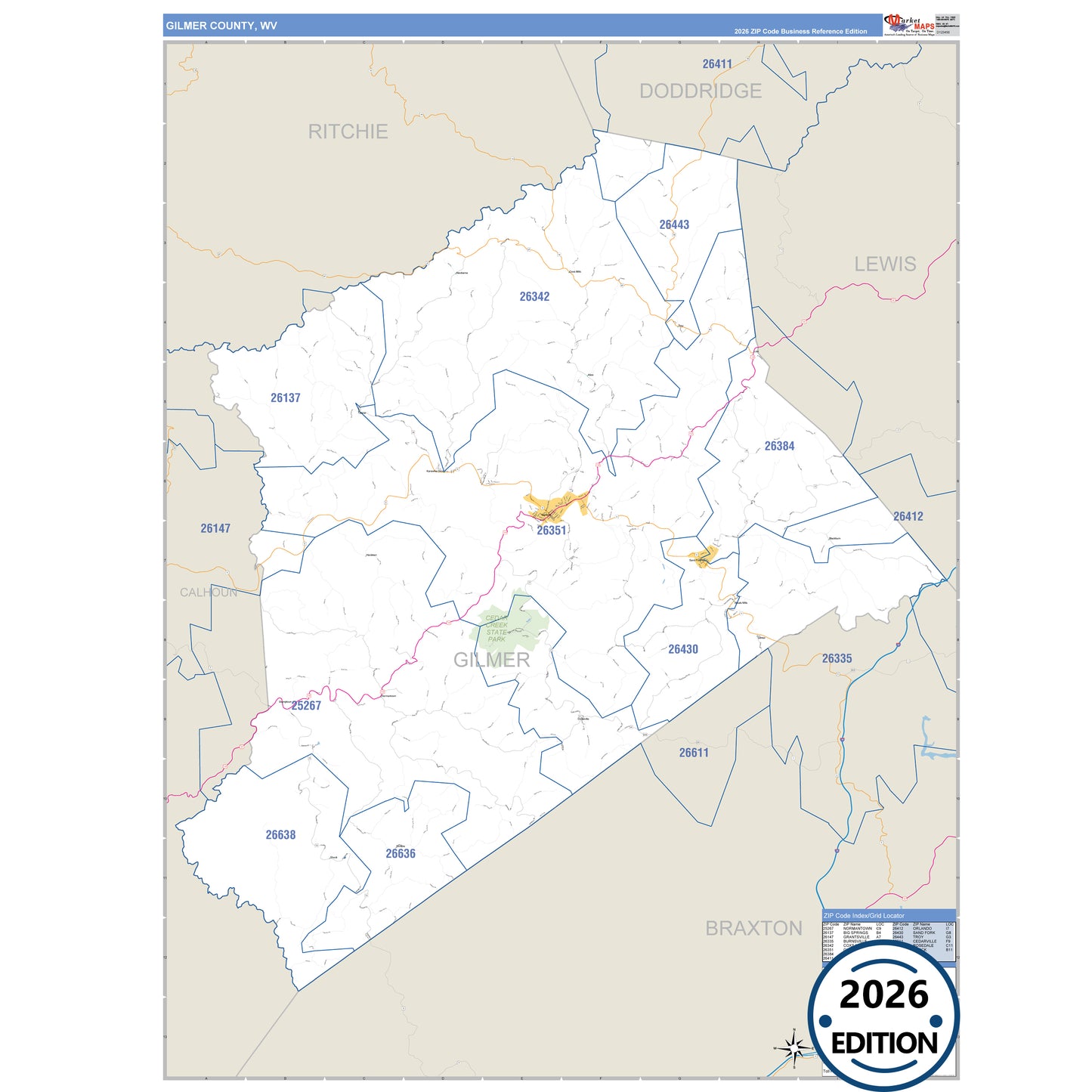 Gilmer County, WV Business Reference 5 Digit ZIP Code Wall Map