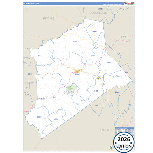 Gilmer County, WV Business Reference 5 Digit ZIP Code Wall Map