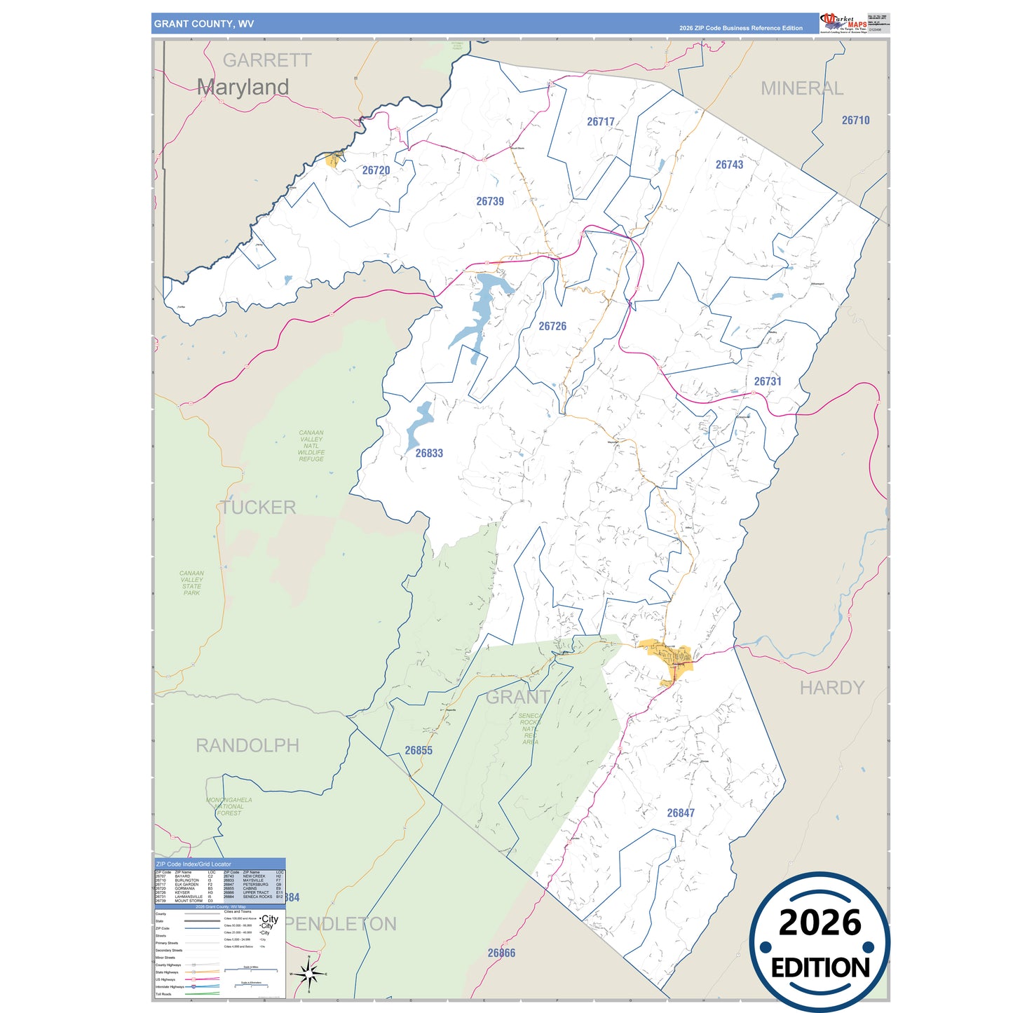 Grant County, WV Business Reference 5 Digit ZIP Code Wall Map