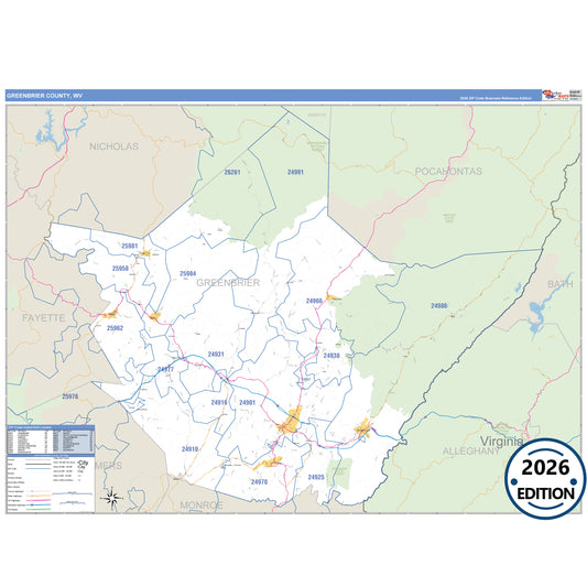 Greenbrier County, WV Business Reference 5 Digit ZIP Code Wall Map