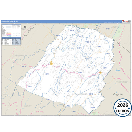 Hampshire County, WV Business Reference 5 Digit ZIP Code Wall Map