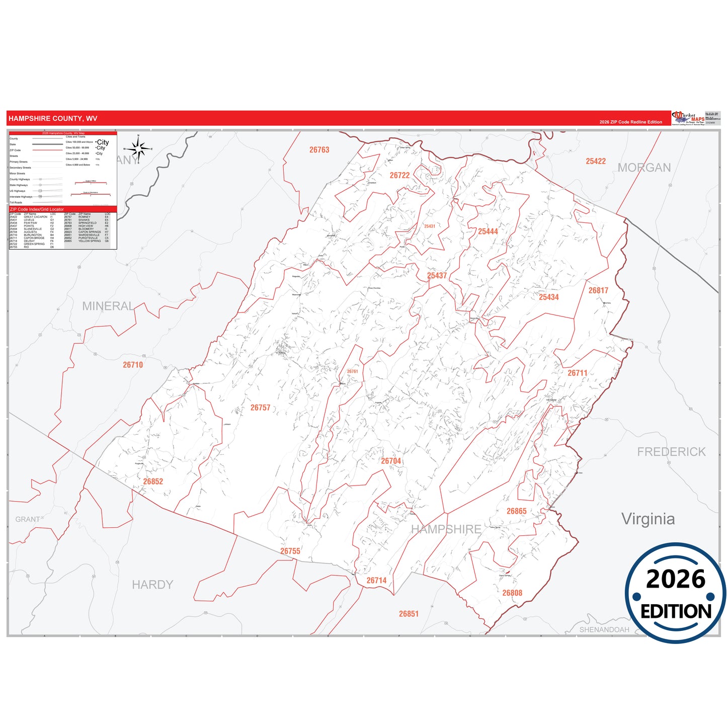 Hampshire County, WV Red Line 5 Digit ZIP Code Wall Map