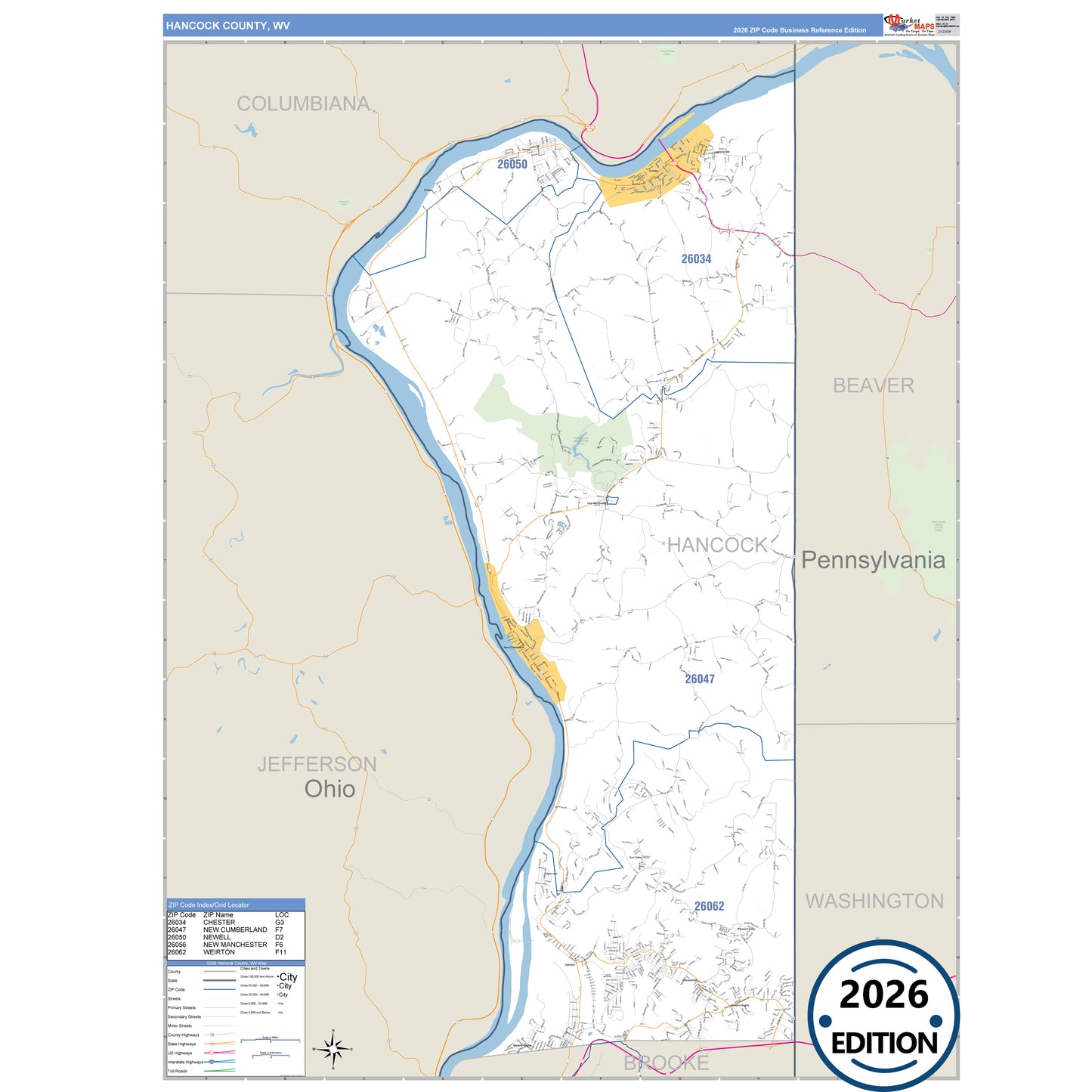 Hancock County, WV Business Reference 5 Digit ZIP Code Wall Map