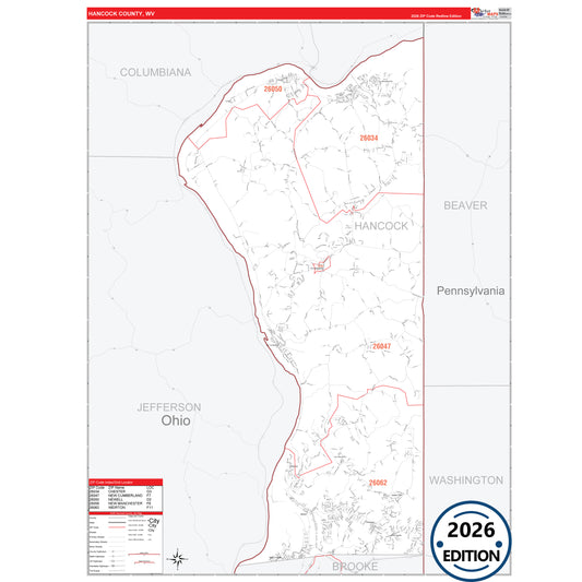 Hancock County, WV Red Line 5 Digit ZIP Code Wall Map