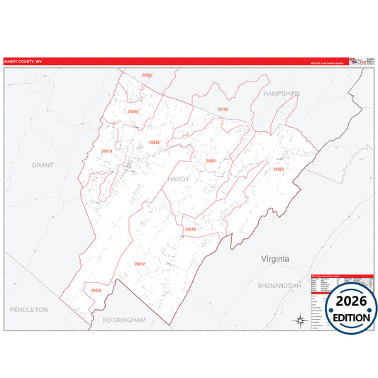 Hardy County, WV Red Line 5 Digit ZIP Code Wall Map