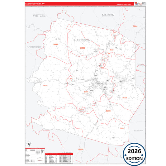 Harrison County, WV Red Line 5 Digit ZIP Code Wall Map