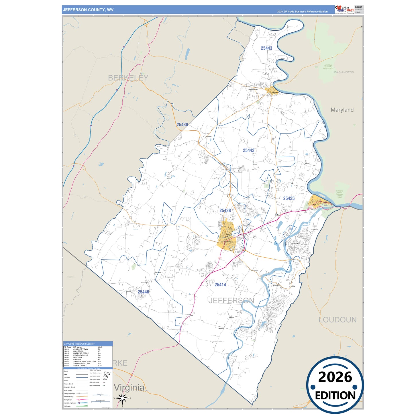 Jefferson County, WV Business Reference 5 Digit ZIP Code Wall Map