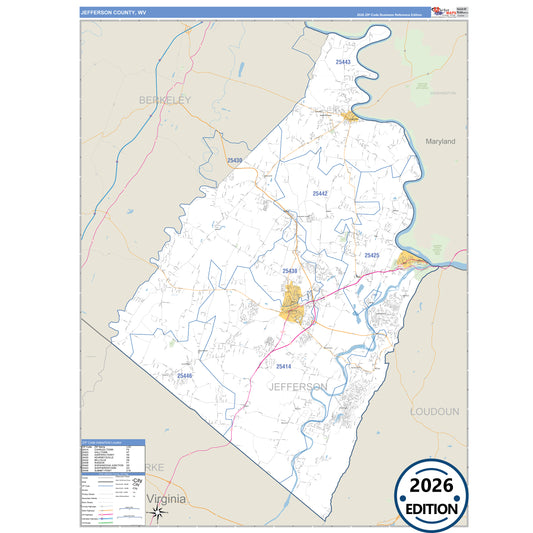 Jefferson County, WV Business Reference 5 Digit ZIP Code Wall Map