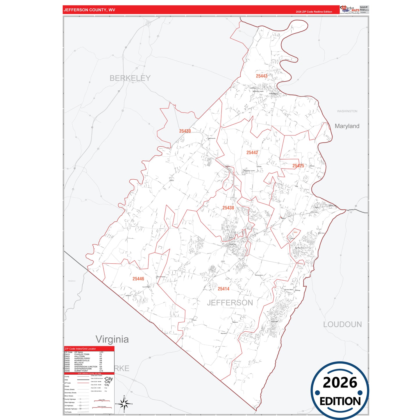 Jefferson County, WV Red Line 5 Digit ZIP Code Wall Map