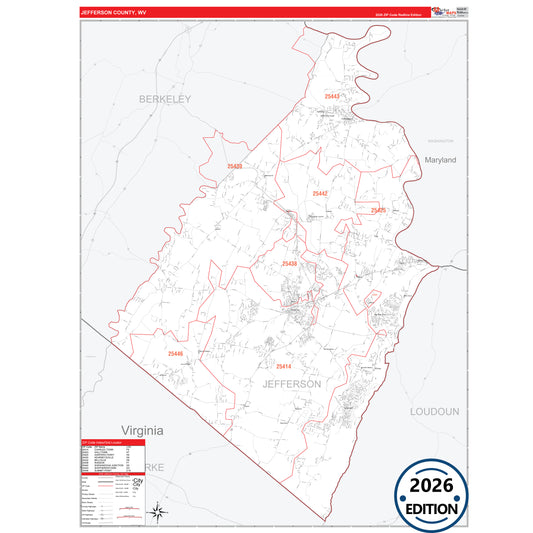 Jefferson County, WV Red Line 5 Digit ZIP Code Wall Map