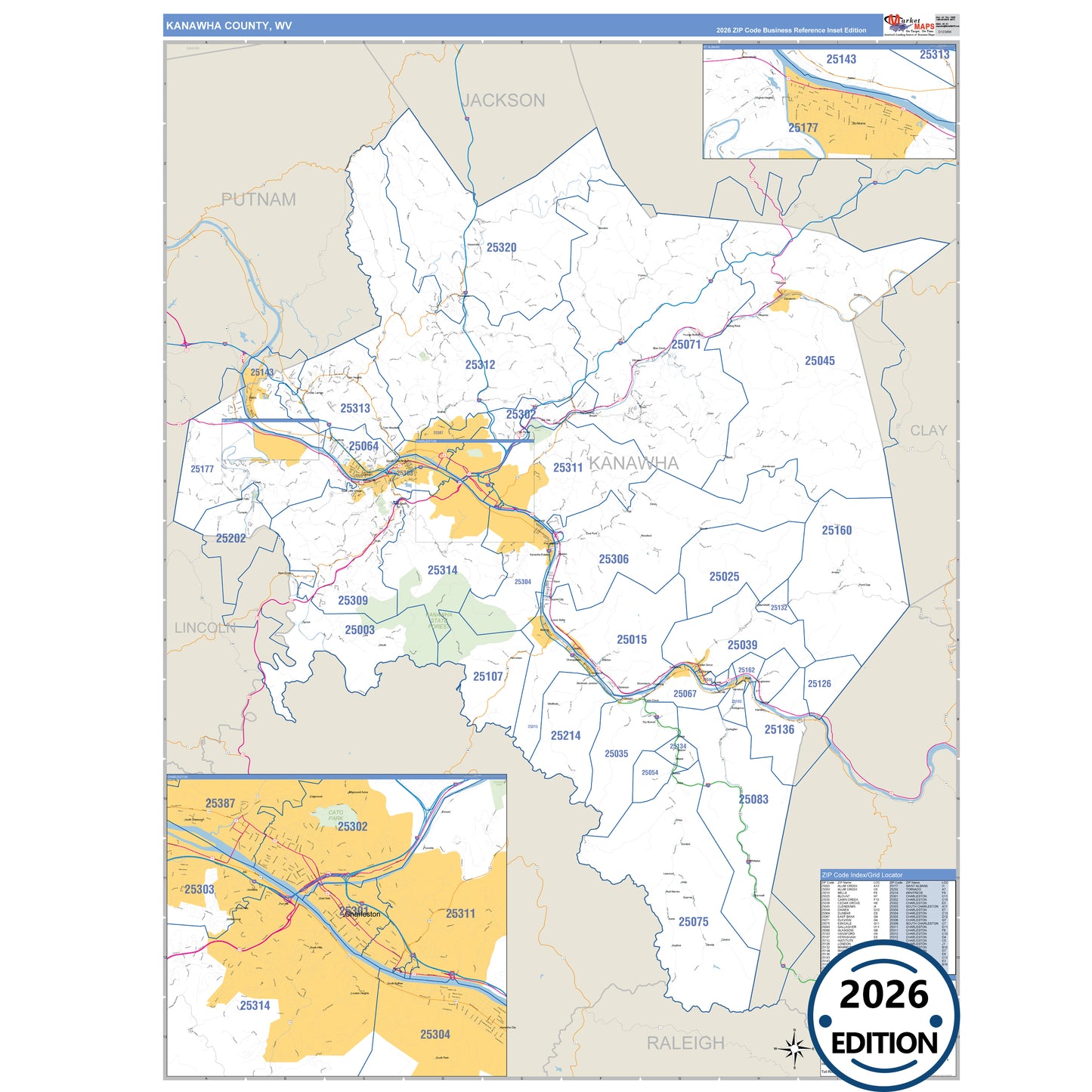 Kanawha County, WV Business Reference 5 Digit ZIP Code Wall Map