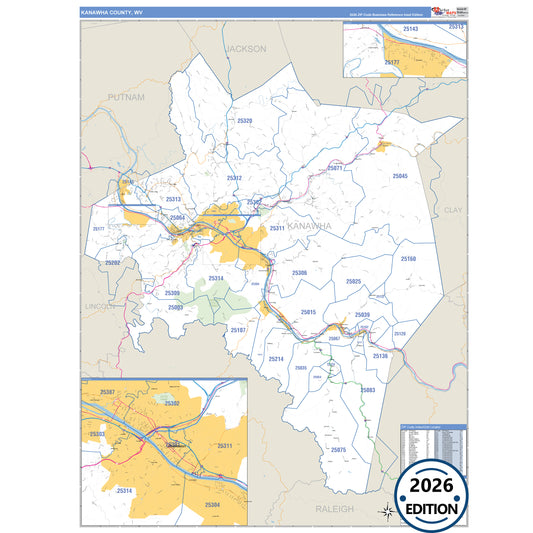 Kanawha County, WV Business Reference 5 Digit ZIP Code Wall Map