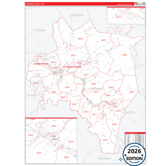 Kanawha County, WV Red Line 5 Digit ZIP Code Wall Map
