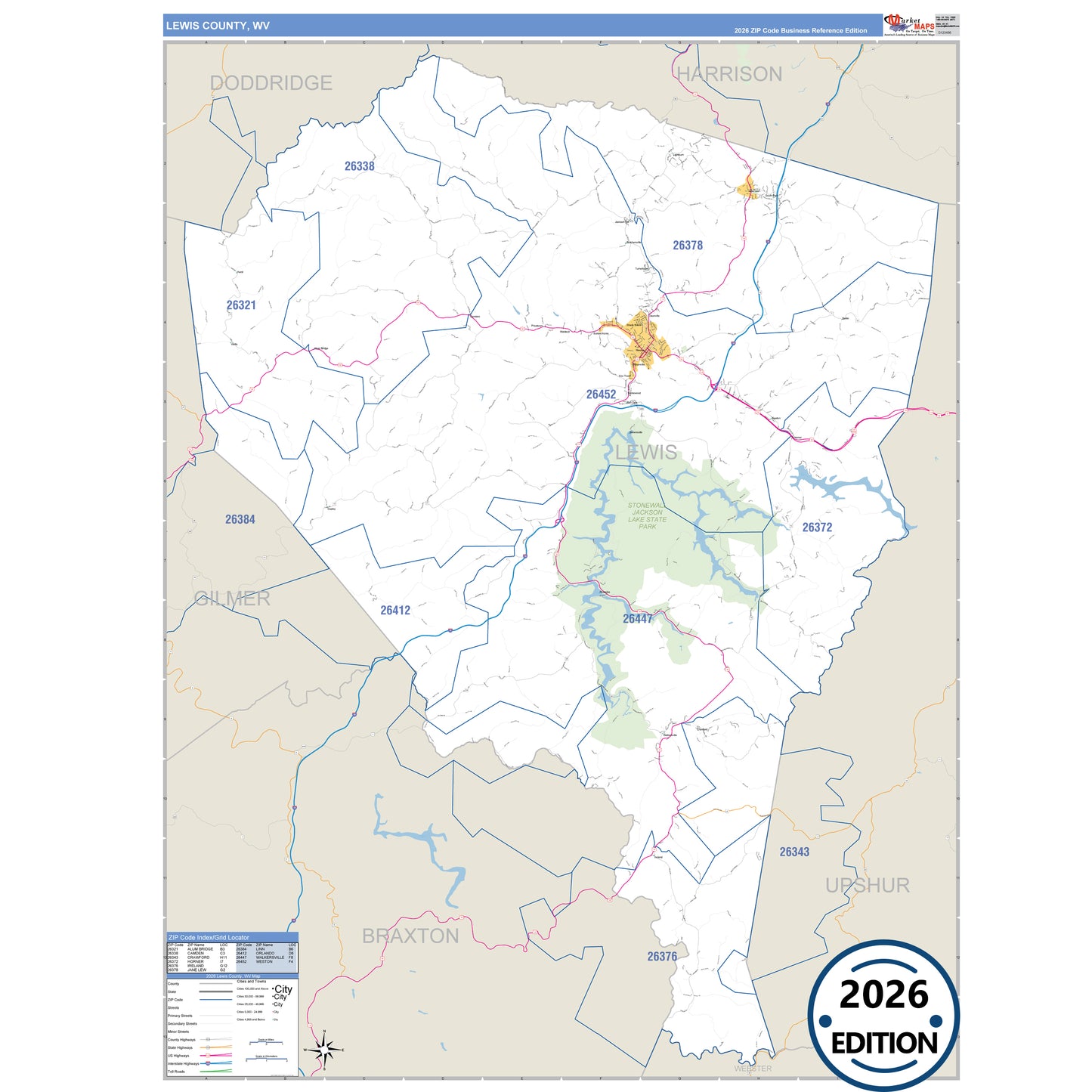 Lewis County, WV Business Reference 5 Digit ZIP Code Wall Map