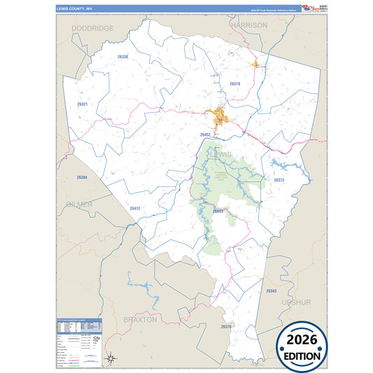 Lewis County, WV Business Reference 5 Digit ZIP Code Wall Map