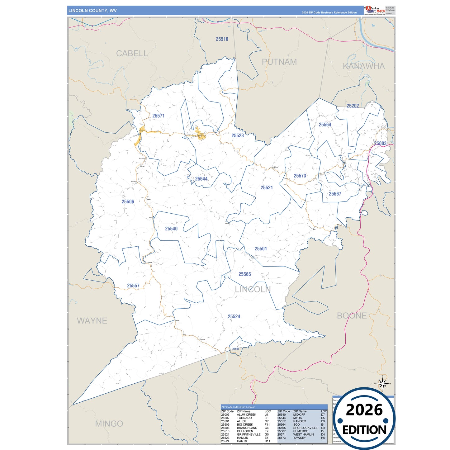 Lincoln County, WV Business Reference 5 Digit ZIP Code Wall Map