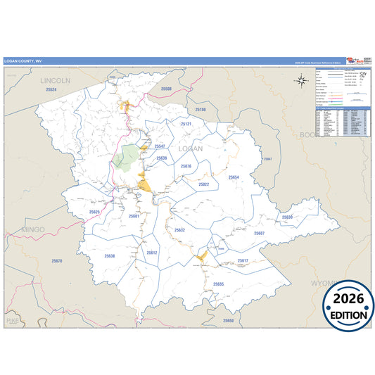 Logan County, WV Business Reference 5 Digit ZIP Code Wall Map