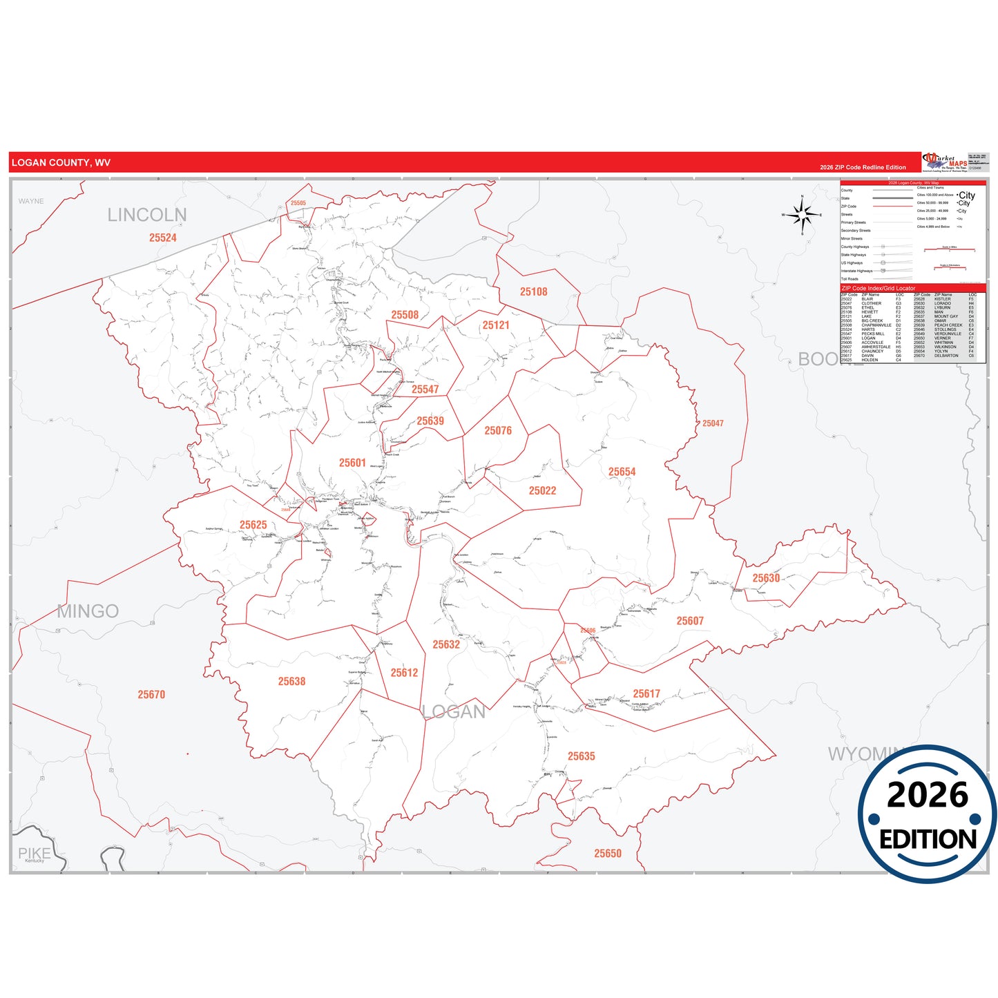 Logan County, WV Red Line 5 Digit ZIP Code Wall Map