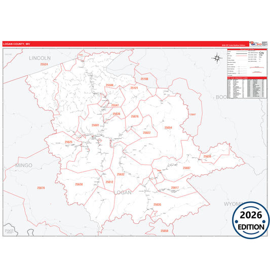 Logan County, WV Red Line 5 Digit ZIP Code Wall Map