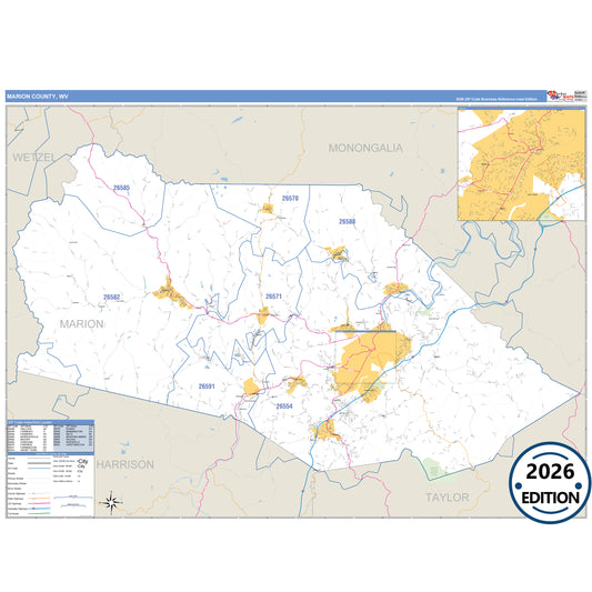 Marion County, WV Business Reference 5 Digit ZIP Code Wall Map