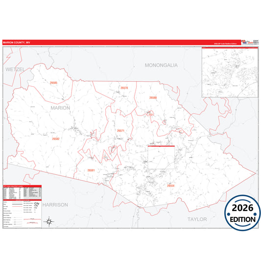 Marion County, WV Red Line 5 Digit ZIP Code Wall Map