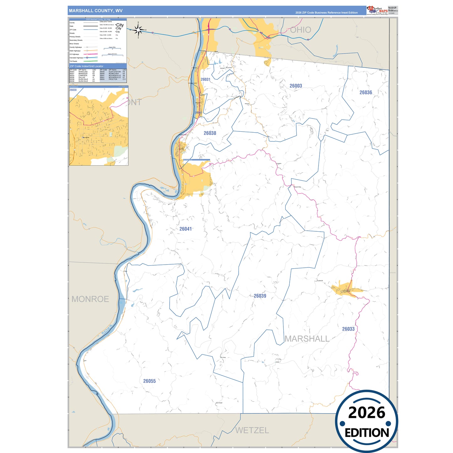 Marshall County, WV Business Reference 5 Digit ZIP Code Wall Map