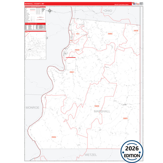 Marshall County, WV Red Line 5 Digit ZIP Code Wall Map