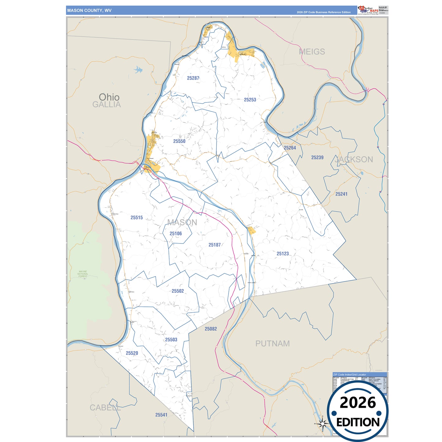 Mason County, WV Business Reference 5 Digit ZIP Code Wall Map