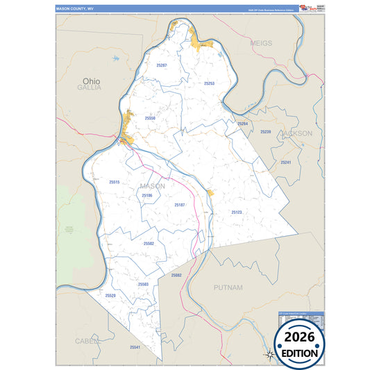 Mason County, WV Business Reference 5 Digit ZIP Code Wall Map