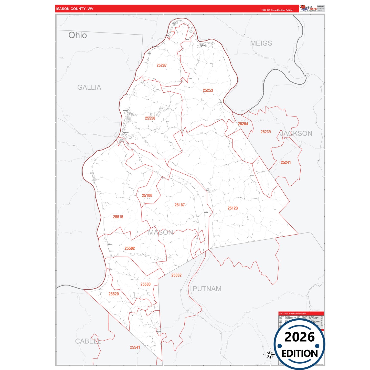 Mason County, WV Red Line 5 Digit ZIP Code Wall Map