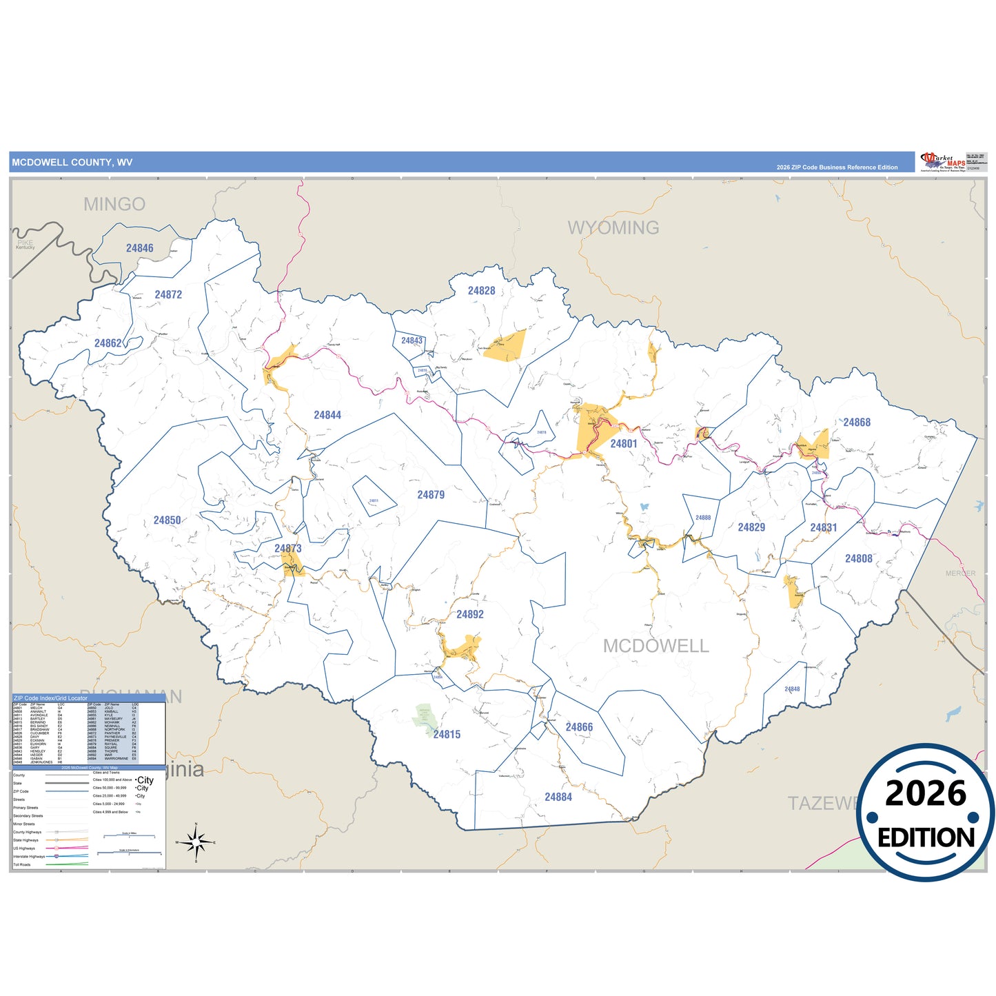 McDowell County, WV Business Reference 5 Digit ZIP Code Wall Map