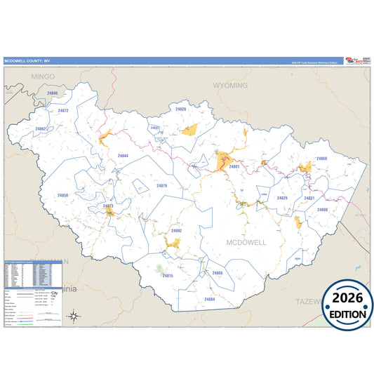 McDowell County, WV Business Reference 5 Digit ZIP Code Wall Map