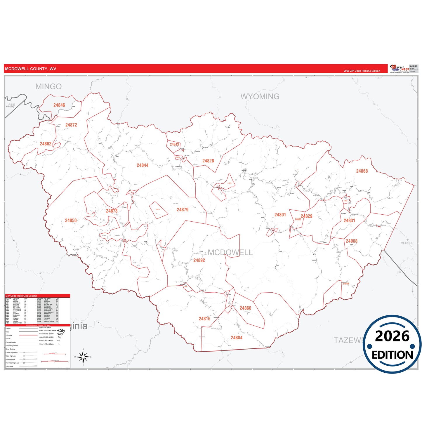 McDowell County, WV Red Line 5 Digit ZIP Code Wall Map