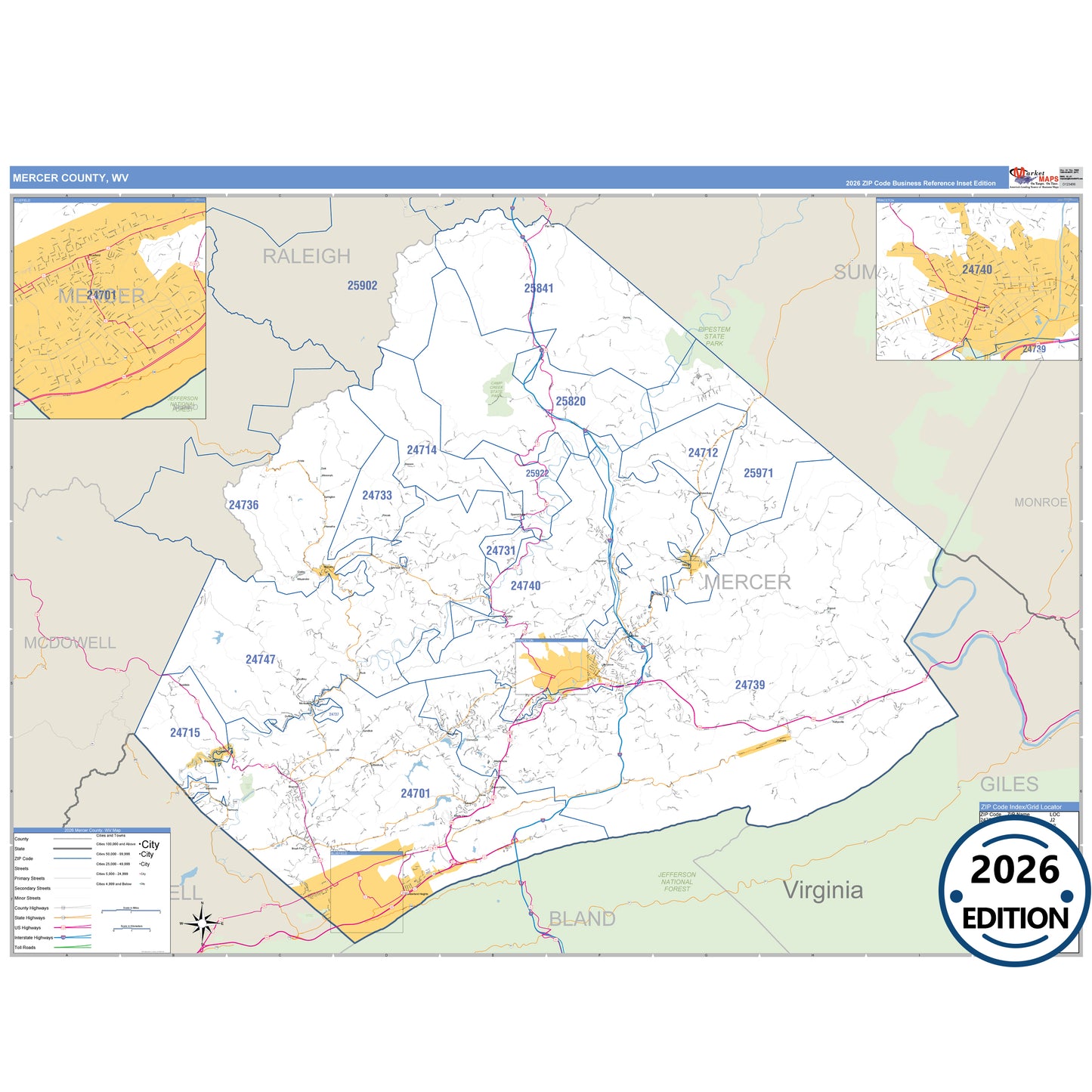 Mercer County, WV Business Reference 5 Digit ZIP Code Wall Map