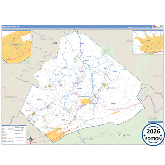 Mercer County, WV Business Reference 5 Digit ZIP Code Wall Map