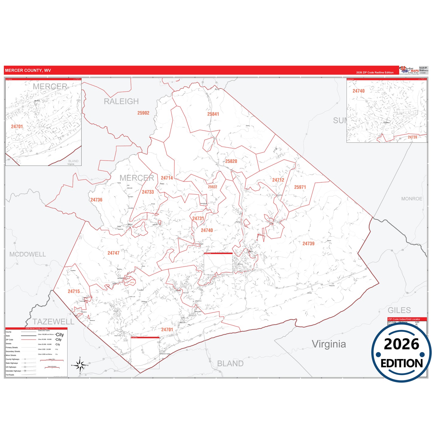 Mercer County, WV Red Line 5 Digit ZIP Code Wall Map