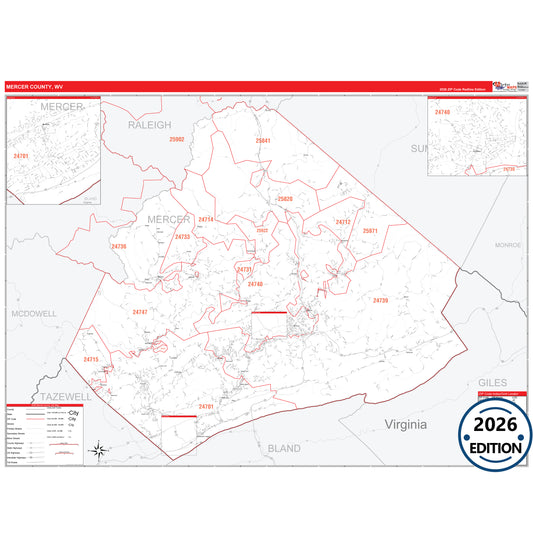 Mercer County, WV Red Line 5 Digit ZIP Code Wall Map