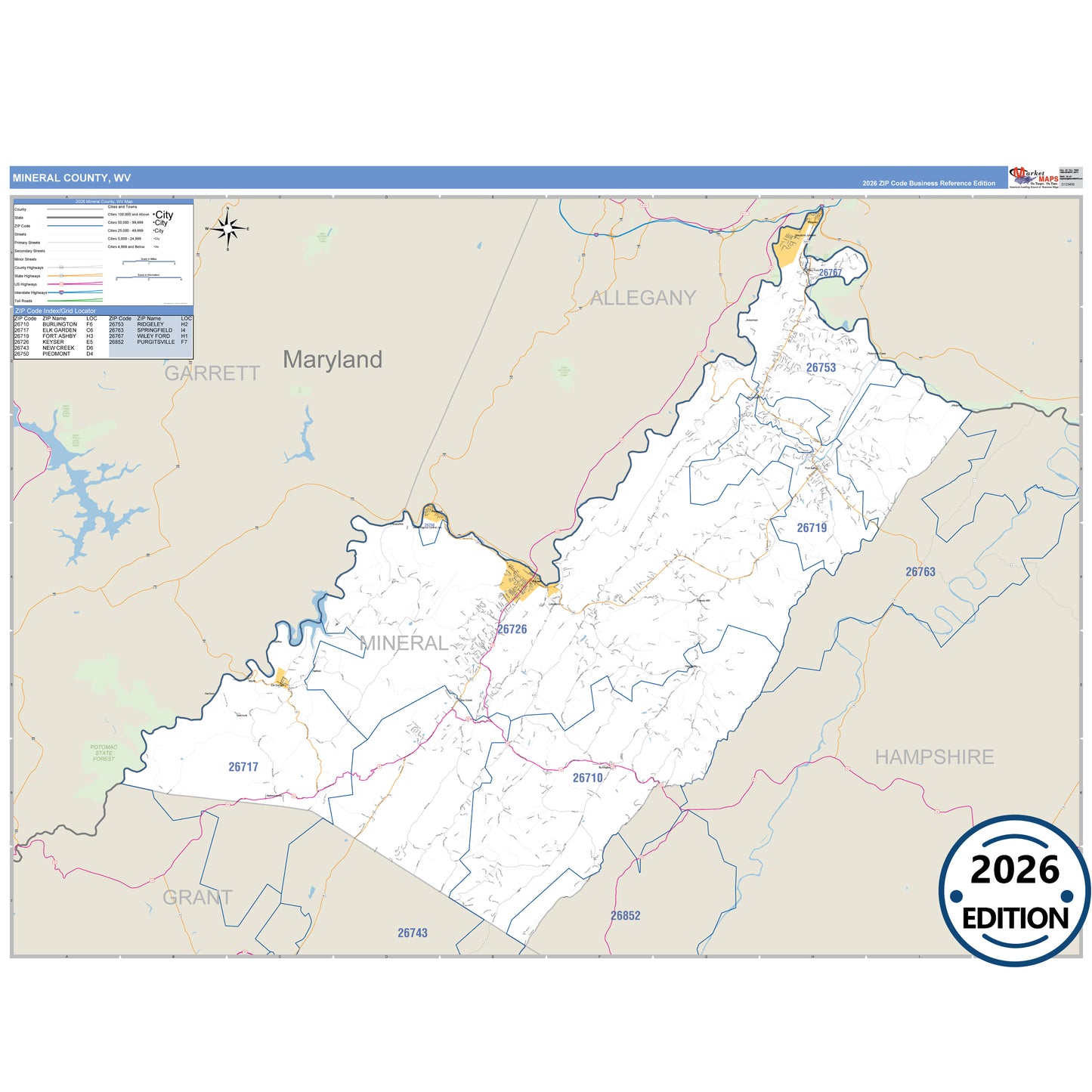 Mineral County, WV Business Reference 5 Digit ZIP Code Wall Map