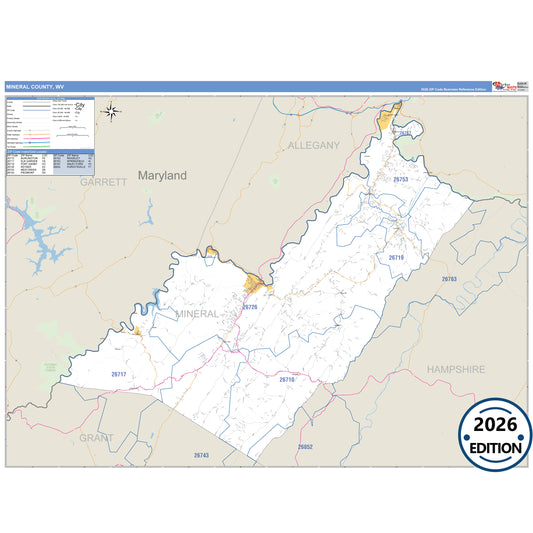 Mineral County, WV Business Reference 5 Digit ZIP Code Wall Map