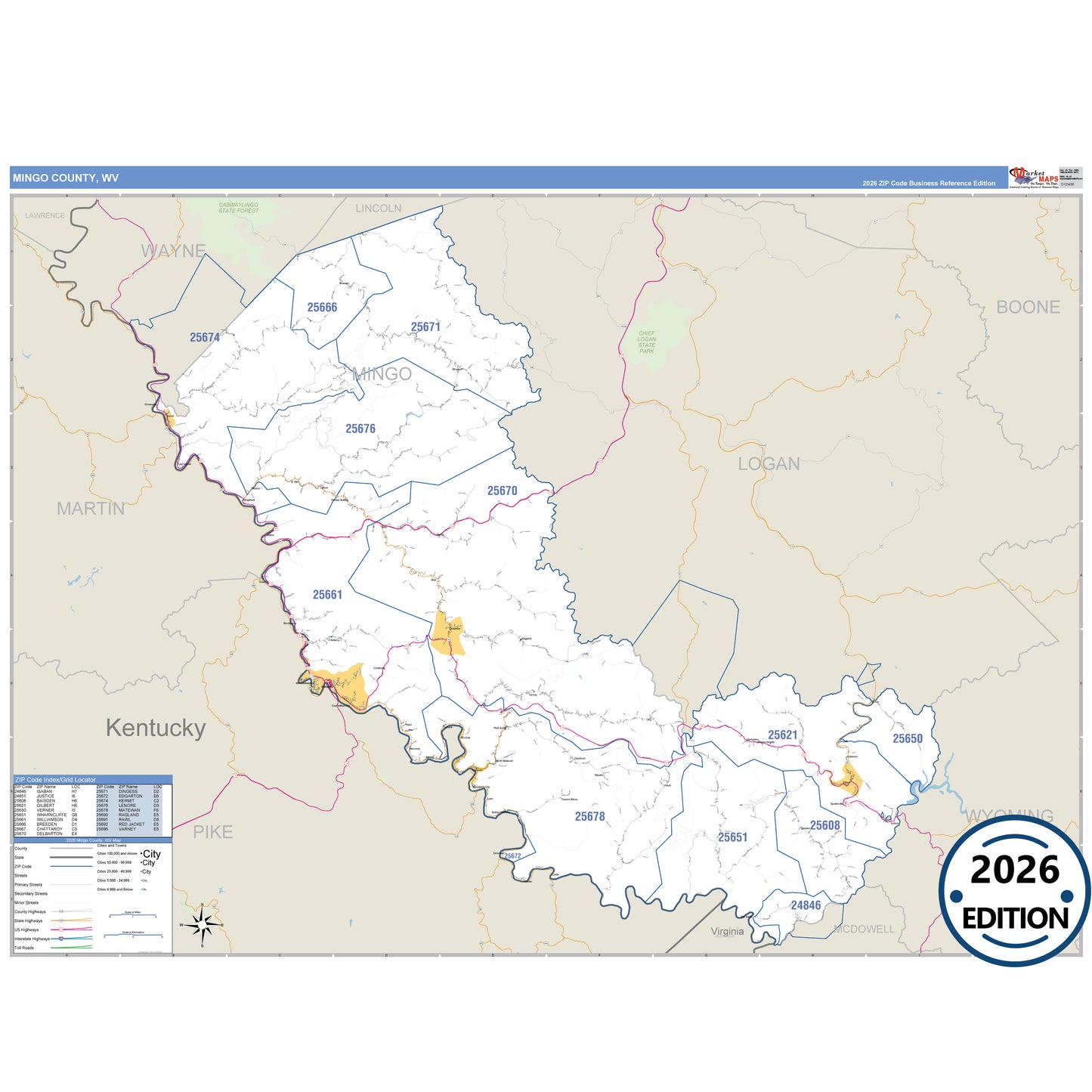 Mingo County, WV Business Reference 5 Digit ZIP Code Wall Map