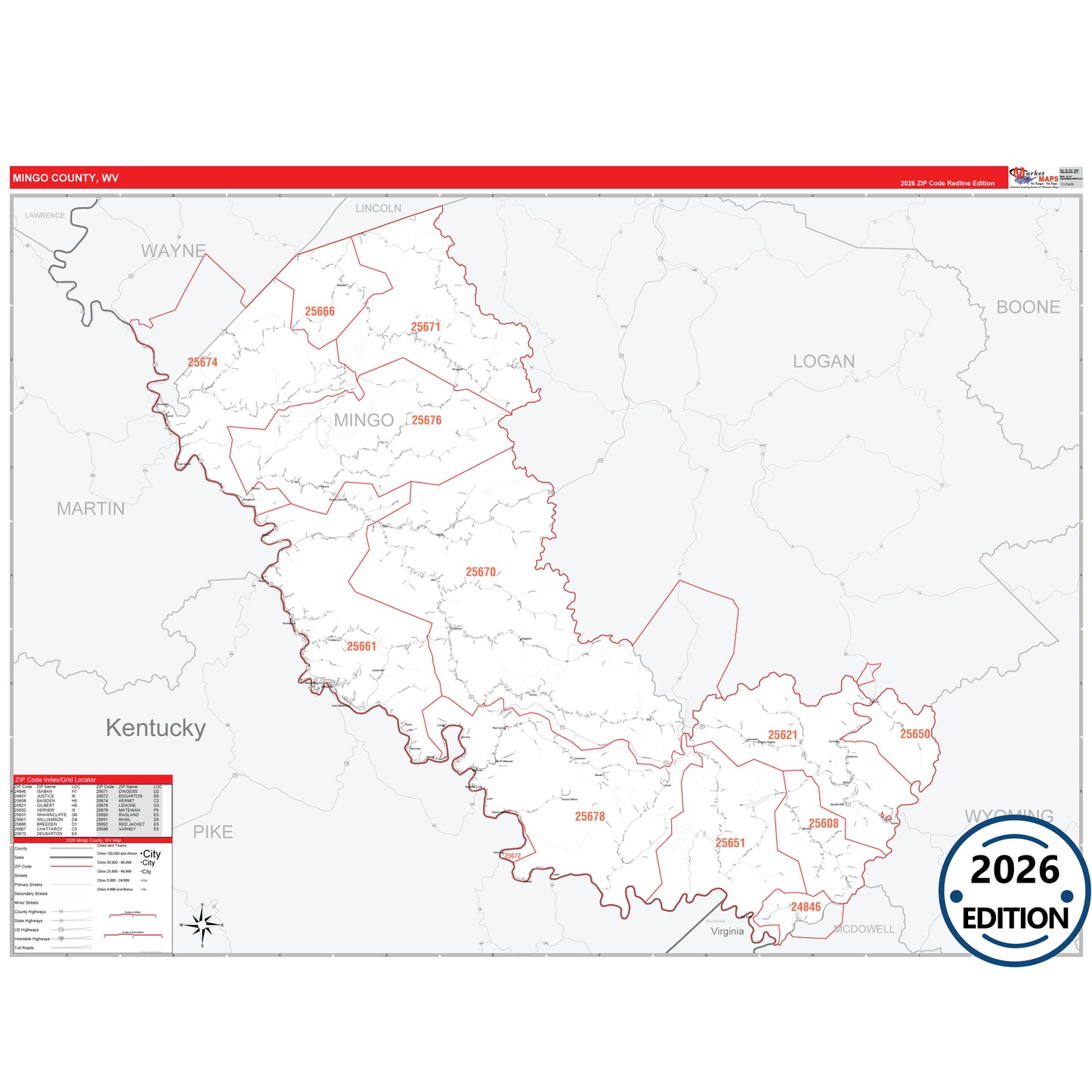 Mingo County, WV Red Line 5 Digit ZIP Code Wall Map