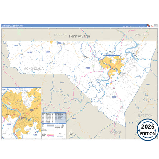 Monongalia County, WV Business Reference 5 Digit ZIP Code Wall Map