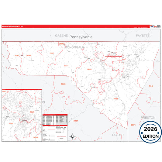 Monongalia County, WV Red Line 5 Digit ZIP Code Wall Map
