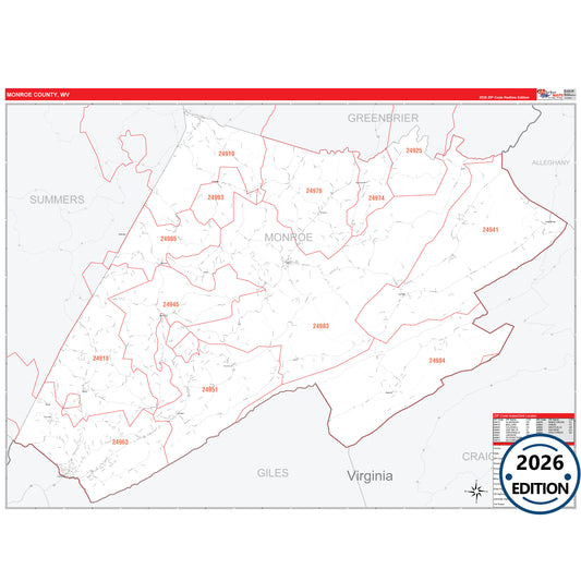 Monroe County, WV Red Line 5 Digit ZIP Code Wall Map