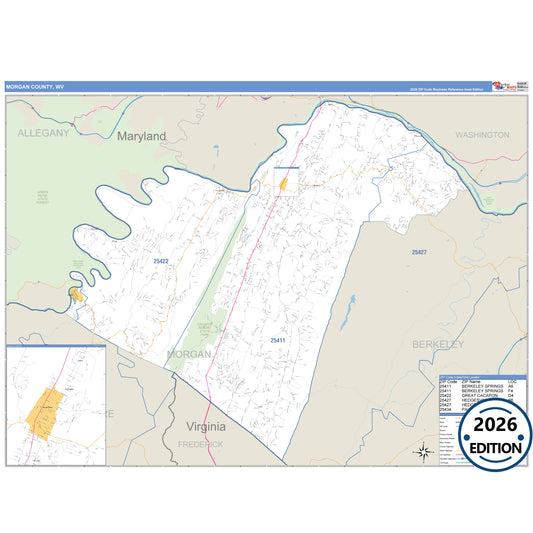 Morgan County, WV Business Reference 5 Digit ZIP Code Wall Map