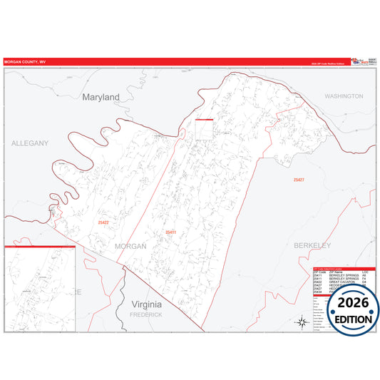 Morgan County, WV Red Line 5 Digit ZIP Code Wall Map