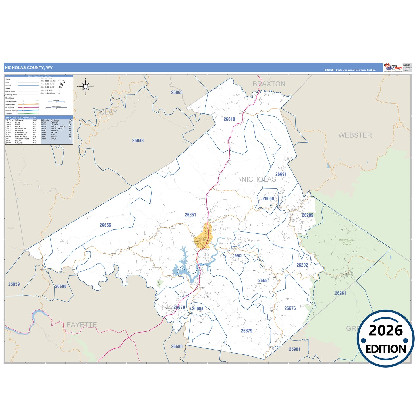 Nicholas County, WV Business Reference 5 Digit ZIP Code Wall Map
