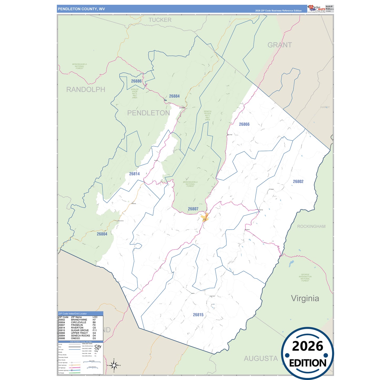 Pendleton County, WV Business Reference 5 Digit ZIP Code Wall Map